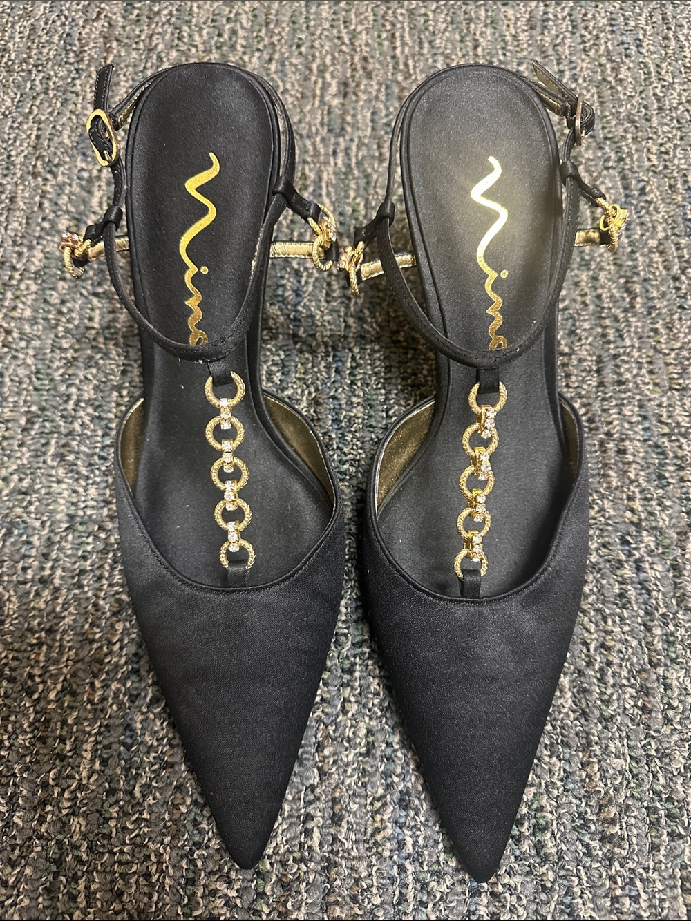 Nina Black Pointed T-Strap Heels with Gold Chain Detail